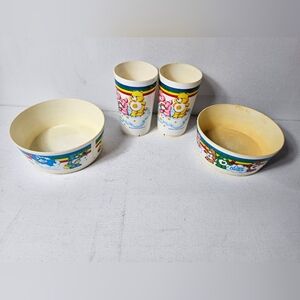 4 Vintage Care Bears Deka American Greetings Plastic Set: 2 Cups & 2 Bowls 1983
